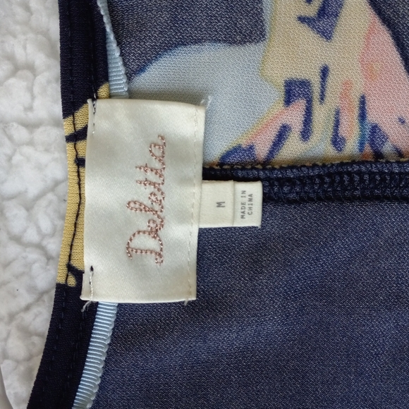 Deletta Anthropologie Fly Away Canary Large Bird Print Navy Blue Tunic SZ M - Picture 8 of 11